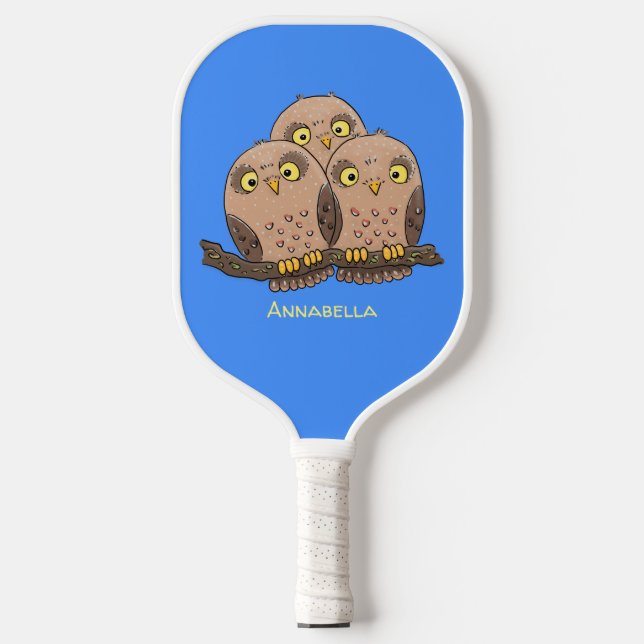 Cute baby owl trio cartoon illustration  pickleball paddle (Front)