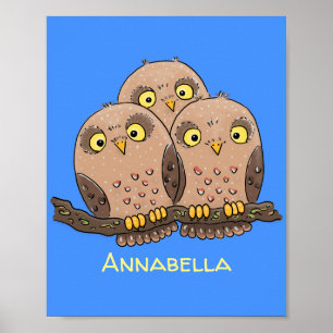 Cute baby owl trio cartoon illustration poster