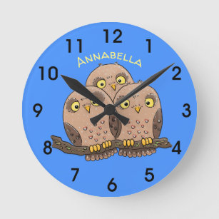 Cute baby owl trio cartoon illustration round clock