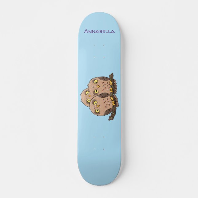 Cute baby owl trio cartoon illustration skateboard (Front)