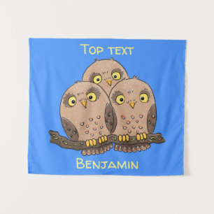 Cute baby owl trio cartoon illustration tapestry