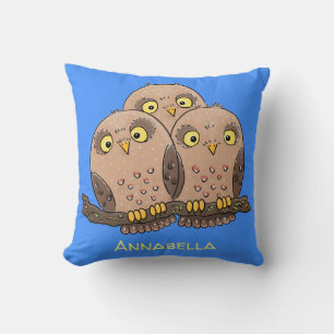 Cute baby owl trio cartoon illustration throw pillow