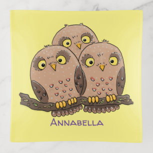 Cute baby owl trio cartoon illustration trinket tray