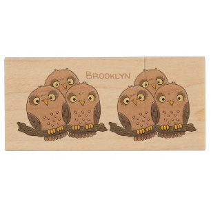 Cute baby owl trio cartoon illustration wood flash drive