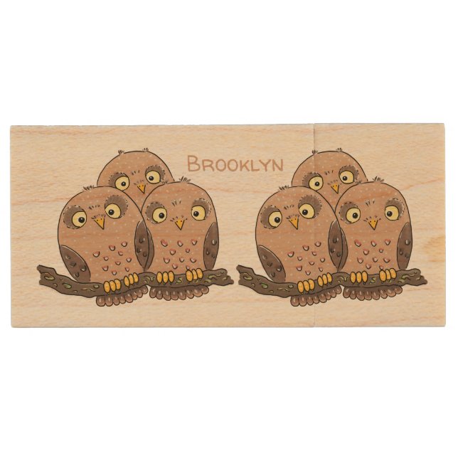 Cute baby owl trio cartoon illustration wood flash drive (Front)