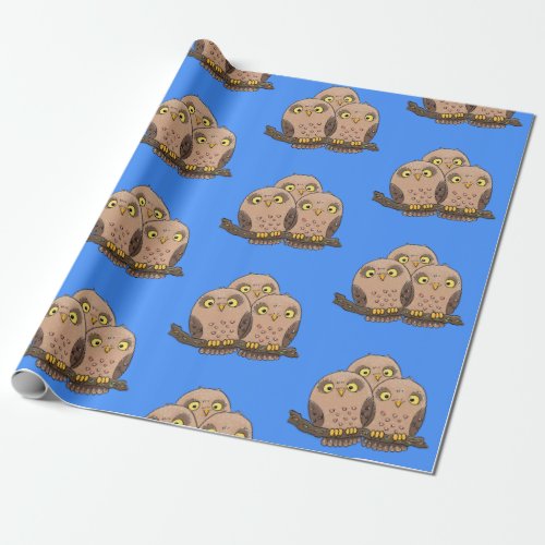Cute baby owl trio cartoon illustration wrapping paper