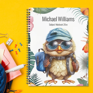 Cute baby owl with backpack, caps and sunglass notebook