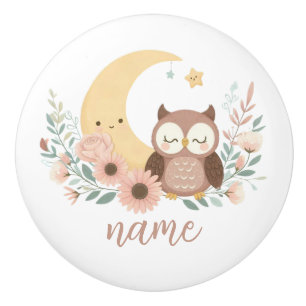 Cute baby owl with moon ceramic knob