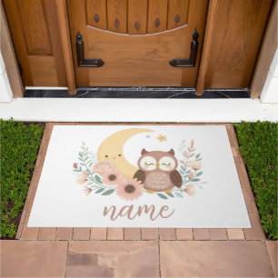 Cute baby owl with moon doormat