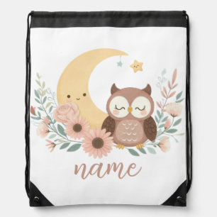 Cute baby owl with moon drawstring bag