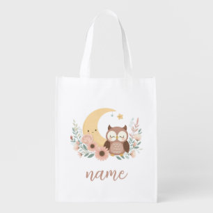 Cute baby owl with moon grocery bag