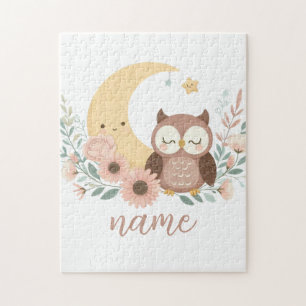 Cute baby owl with moon jigsaw puzzle