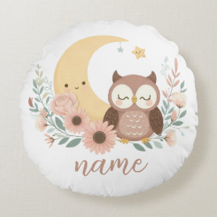 Cute baby owl with moon round pillow