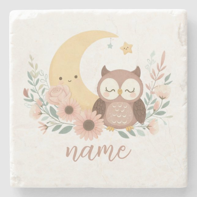 Cute baby owl with moon stone coaster (Front)