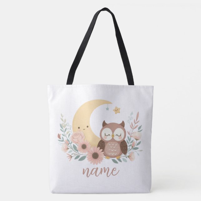 Cute baby owl with moon tote bag (Front)