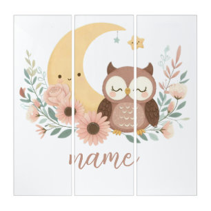 Cute baby owl with moon triptych