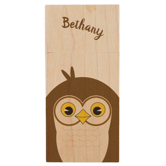 Cute Baby Owl Wood Flash Drive (Front Vertical)