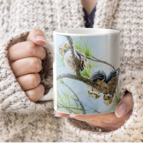 Cute Baby Owls on a Limb wYellow Eyes Fine Art Coffee Mug