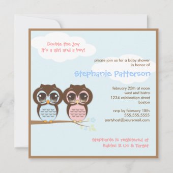 Cute Baby Owls Twins Baby Shower Invitation | Zazzle