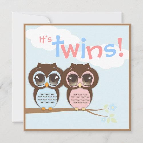 Cute Baby Owls Twins Baby Shower Invitation