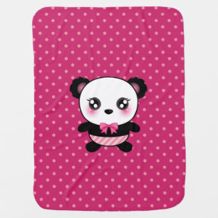 Cute Baby Panda Bear Pink Polka Dots Pattern Stroller Blanket