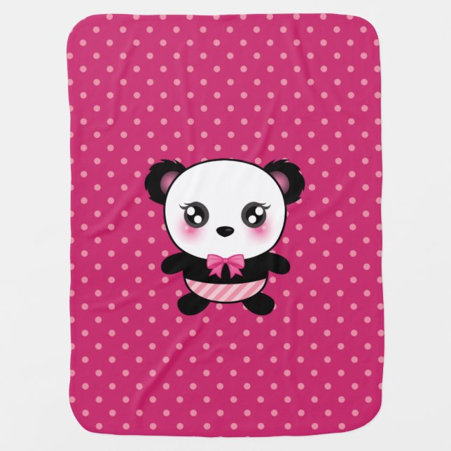 Cute Baby Panda Bear Pink Polka Dots Pattern Stroller Blanket (Front)