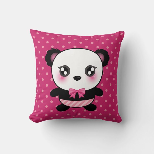 Cute Baby Panda Bear Pink Polka Dots Pattern Throw Pillow (Front)