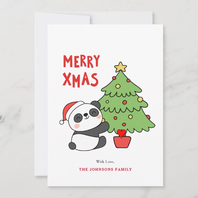 Cute Baby Panda Bear With Christmas Tree  Holiday Card (Front)