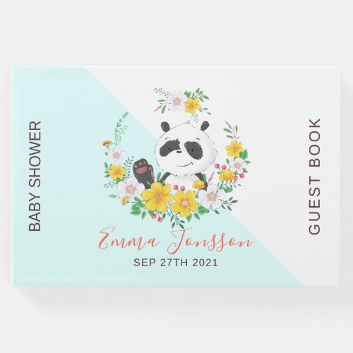 Cute baby Panda colorful floral wreath Guest Book