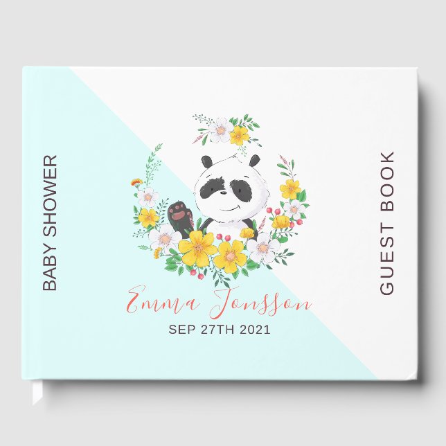 Cute baby Panda colorful floral wreath Guest Book (Front)