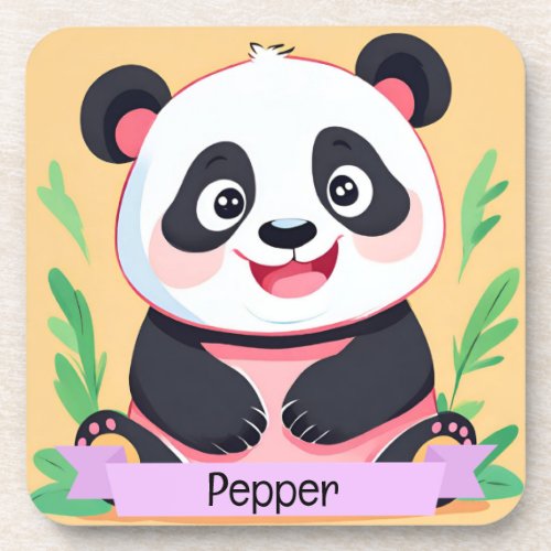 Cute Baby Panda Custom Name Beverage Coaster