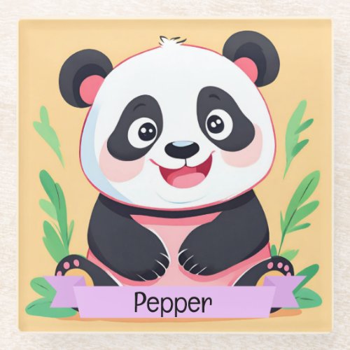 Cute Baby Panda Custom Name Glass Coaster