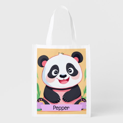 Cute Baby Panda Custom Name Grocery Bag