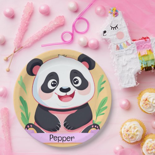 Cute Baby Panda Custom Name Paper Plates