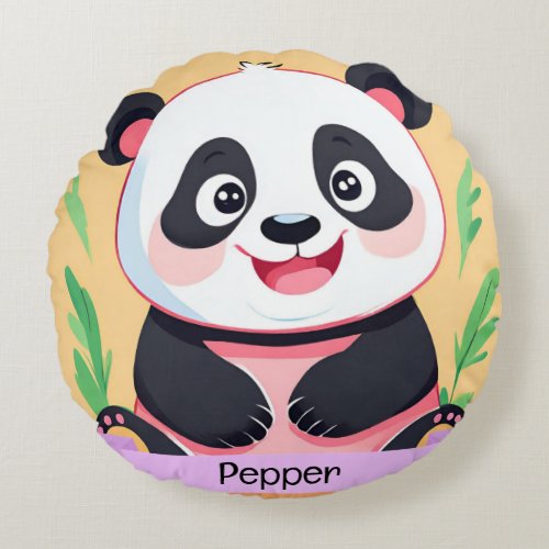 Cute Baby Panda Custom Name Round Pillow