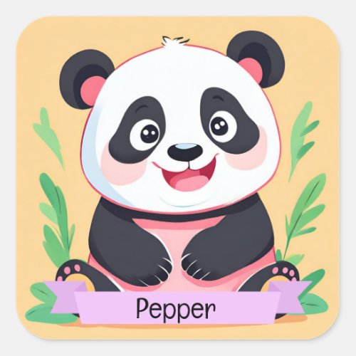 Cute Baby Panda Custom Name Square Sticker