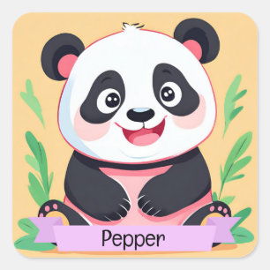 Cute Baby Panda Custom Name Square Sticker