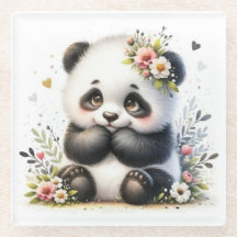 Cute Baby Panda Floral Coaster | Kawaii Watercolor