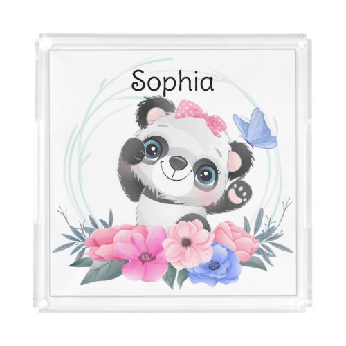 Cute Baby Panda Flower Wreath Custom Name        Acrylic Tray