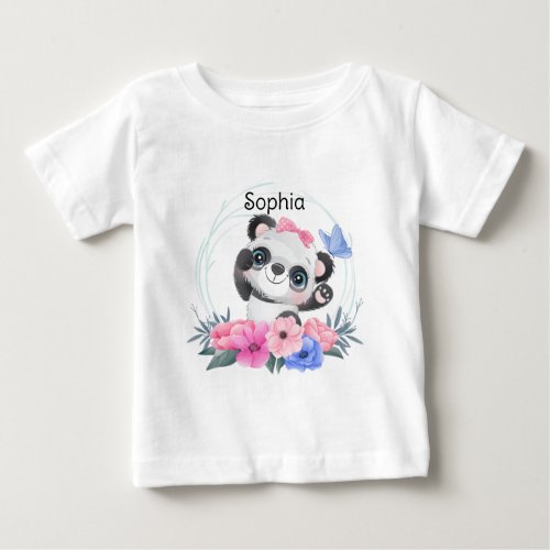 Cute Baby Panda Flower Wreath Custom Name         Baby T_Shirt