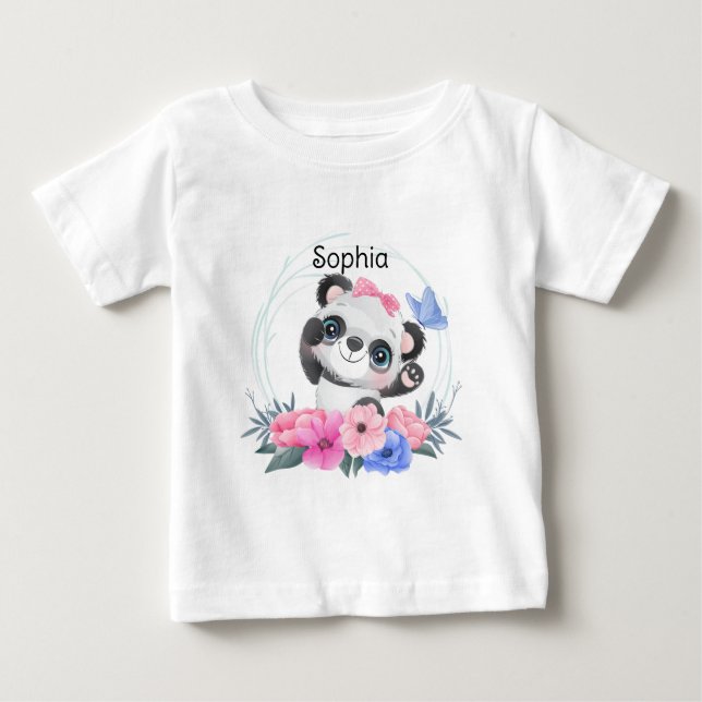 Cute Baby Panda Flower Wreath Custom Name         Baby T-Shirt (Front)
