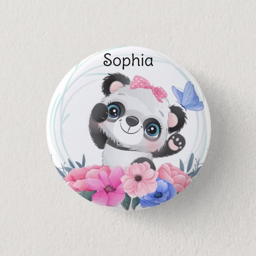 Cute Baby Panda Flower Wreath Custom Name      Button