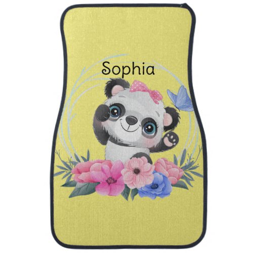 Cute Baby Panda Flower Wreath Custom Name         Car Floor Mat