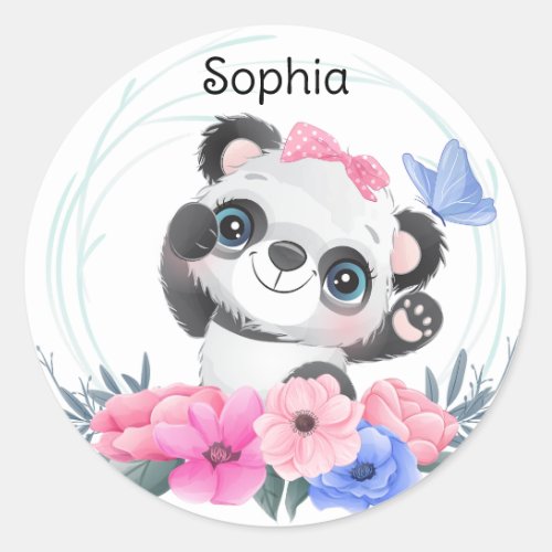 Cute Baby Panda Flower Wreath Custom Name       Classic Round Sticker