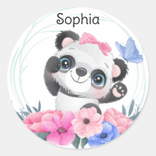 Cute Baby Panda Flower Wreath Custom Name Classic Round Sticker