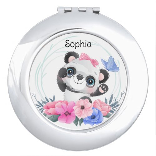 Cute Baby Panda Flower Wreath Custom Name     Compact Mirror