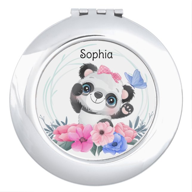 Cute Baby Panda Flower Wreath Custom Name     Compact Mirror (Front)