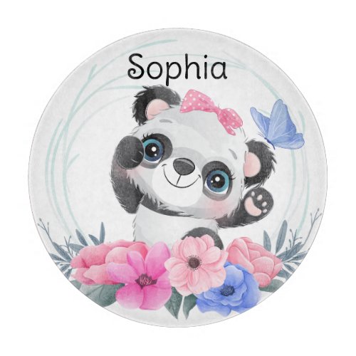 Cute Baby Panda Flower Wreath Custom Name       Cutting Board