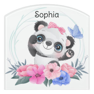 Cute Baby Panda Flower Wreath Custom Name     Door Sign