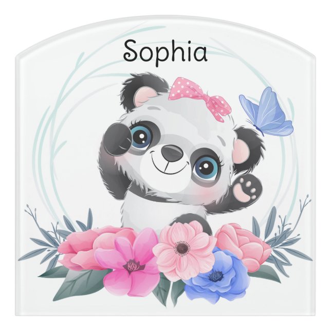 Cute Baby Panda Flower Wreath Custom Name     Door Sign (Contour Front)